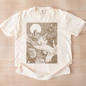 Serene Cat with Flowers Graphic Tee Botanical Woodcut Art
